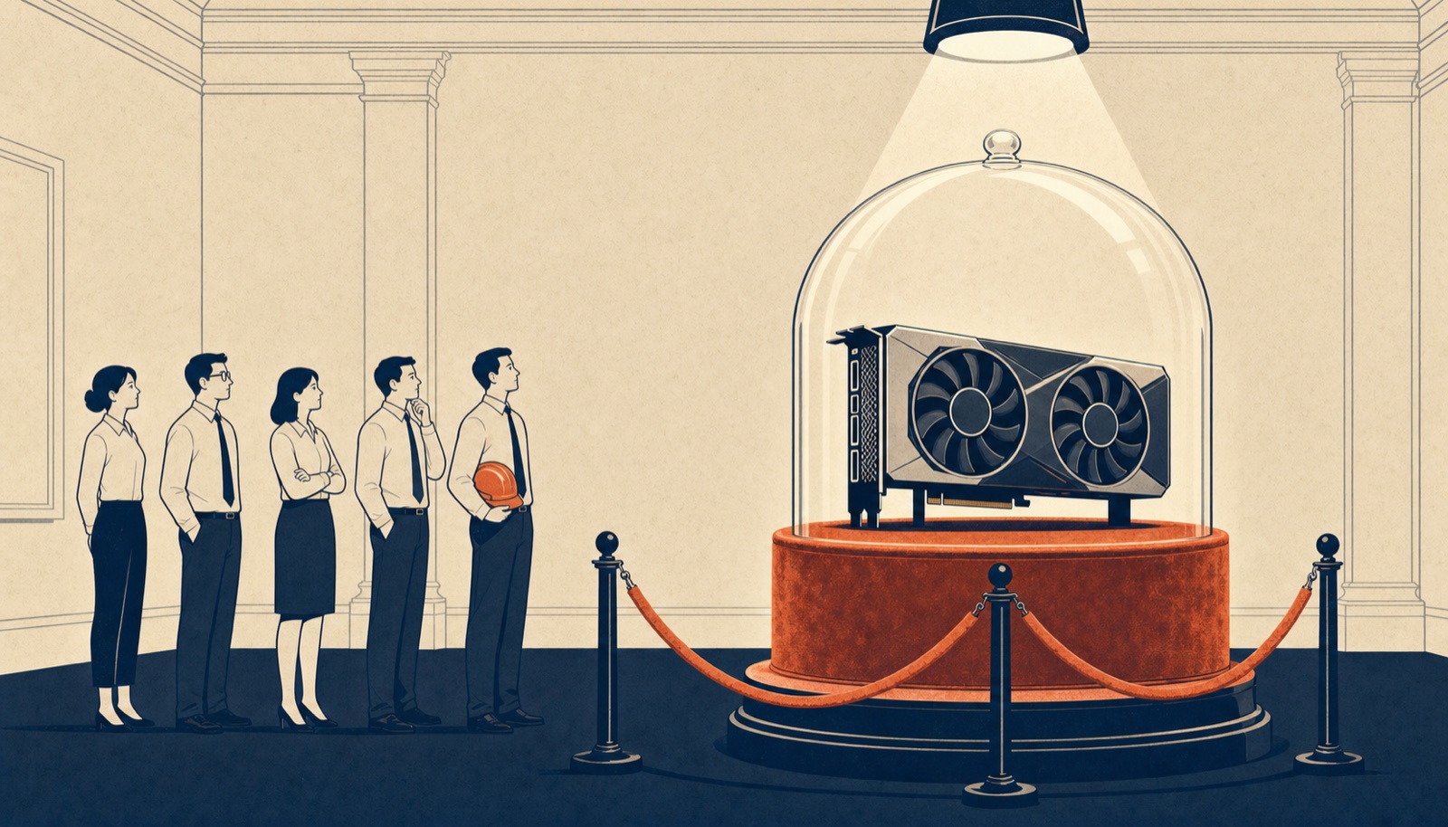A GPU displayed like a crown jewel under a glass dome on a velvet pedestal, with a queue of office workers waiting behind a velvet rope, one holding a hard hat.