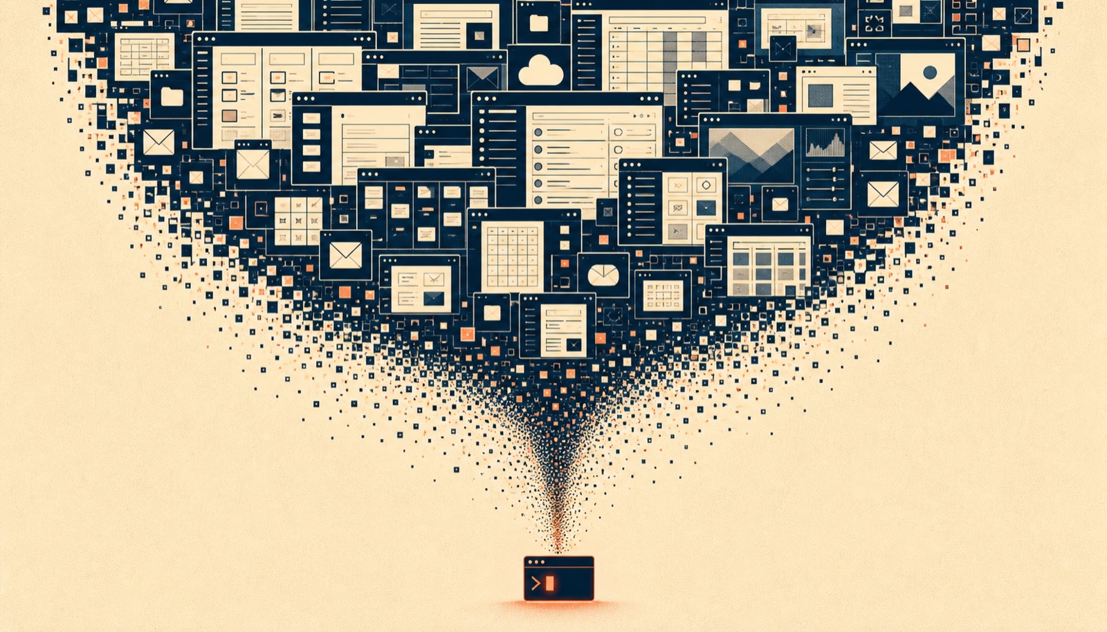 A towering wall of software application windows disintegrating into particles that stream down into a single small glowing terminal prompt.
