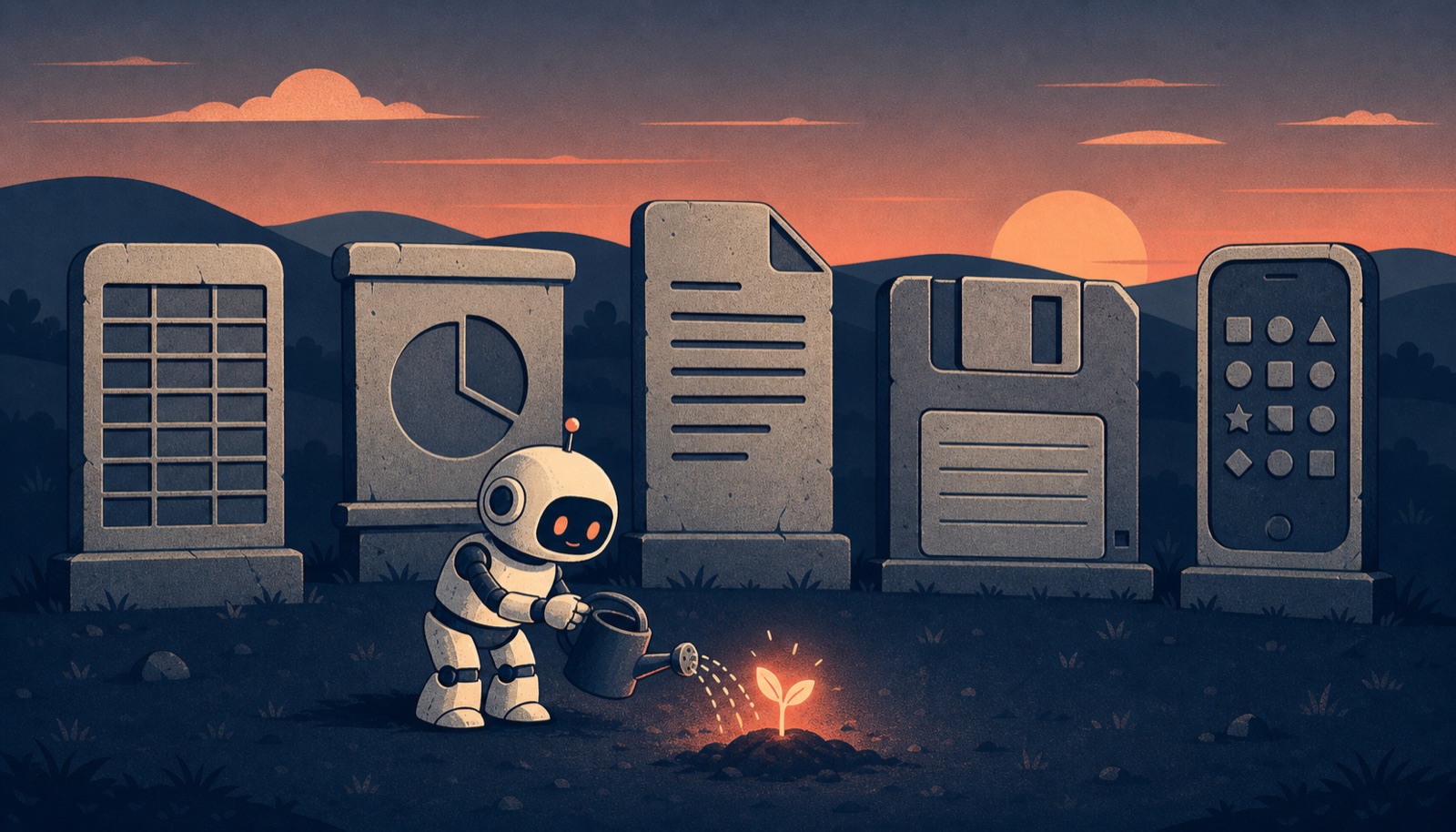 A dusk graveyard with tombstones shaped like a spreadsheet, a slide deck, a document, a floppy disk, and a phone full of app icons, while a small robot waters a glowing seedling.